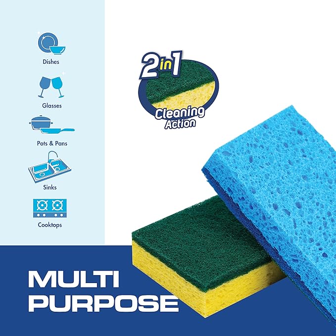 SCRUBIT 48 Pack Kitchen Sponges Dish Sponge for Washing Dishes, Kitchen & Bathroom – Blue & Yellow Dishwashing Sponges Along with A Thought Scrubber – Bulk Cleaning sponges Kitchen (Blue, Yellow)