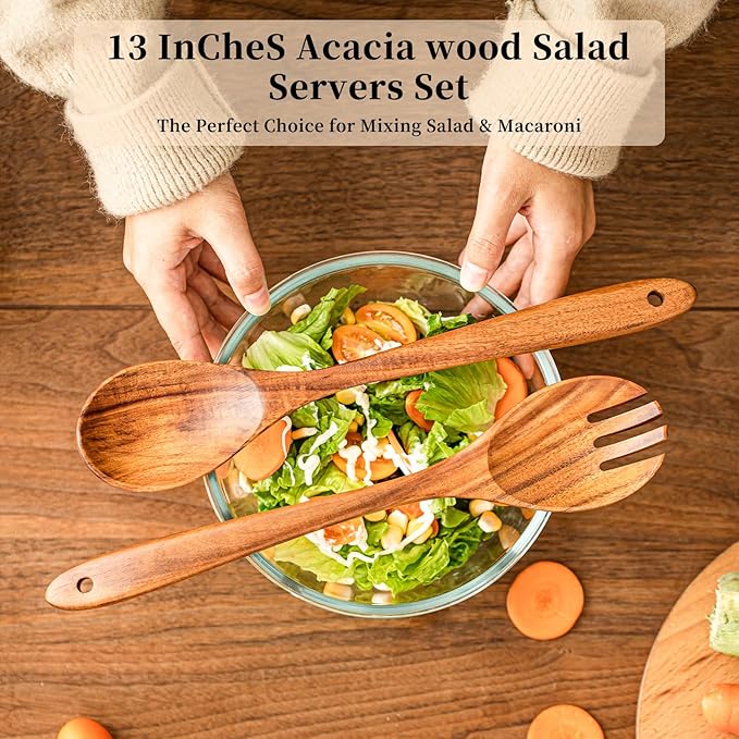 Gudamaye Acacia Wooden Salad Server Set,13 inch Salad Tongs for Serving including Salad Mixing Dinner Fork and Spoon,Long Handle Salad Server Set