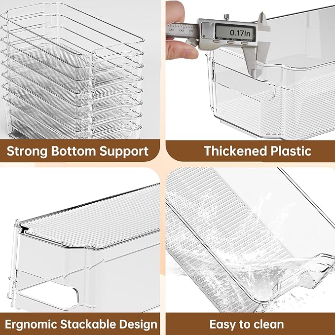 Clear Fridge Organizer, Refrigerator Organizer Bins with Handle, Freezer, Kitchen Cabinet, Pantry Organization, BPA Free Fridge Organizers (12.4 inch 4 Pack)