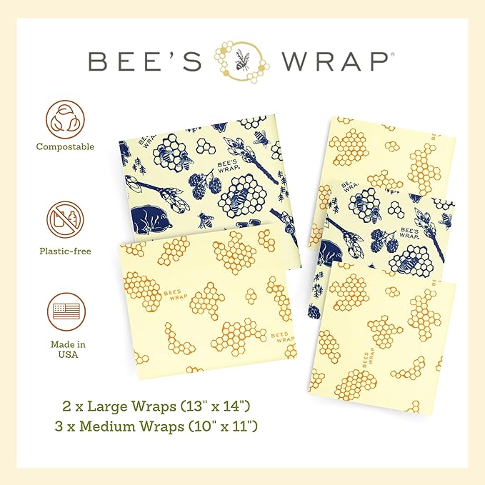 Bee's Wrap Beeswax Wraps for Food - Honeycomb & Bees + Bears Assorted 5 Pack (2L, 3M) Made in USA Reusable & Organic Food Wraps & Bowl Covers - Eco-Friendly Alternative to Aluminum Foil & Plastic Wrap