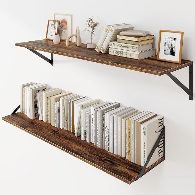 Heimlove Deep Floating Shelves for Wall, 36W x 8D Wood Wall Shelves Set of 2, Wide Floating Bookshelf for Living Room, Kitchen, Office, Bedroom and Decor Storage, with Metal Bracket - Rustic Brown