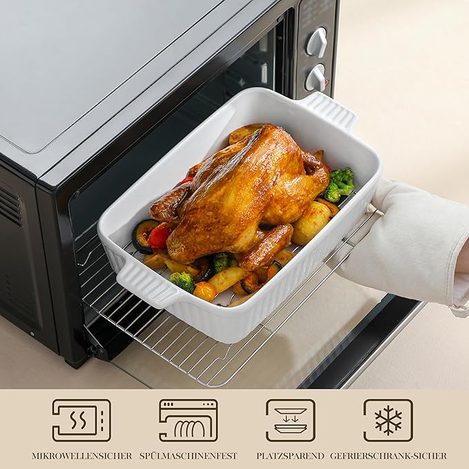 MALACASA 4.4 QT Baking Dish with Rack, 9x13 Large Casserole Dish for Oven, Ceramic Baking Pan with Rack, Rectangular Lasagna Pan Deep with Handles for Baking, Durable Microwave Oven Safe, White