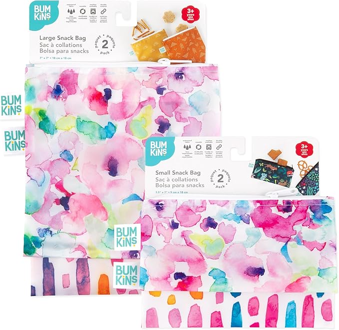 Bumkins - Cloth Snack & Sandwich Bags - For Storage, Travel, Food Prep, Lunch - Reusable, Water Resistant, Dishwasher Safe - Snack Bags for Kids - Zipper Closure - Watercolors & Brushstrokes - 4 Pack