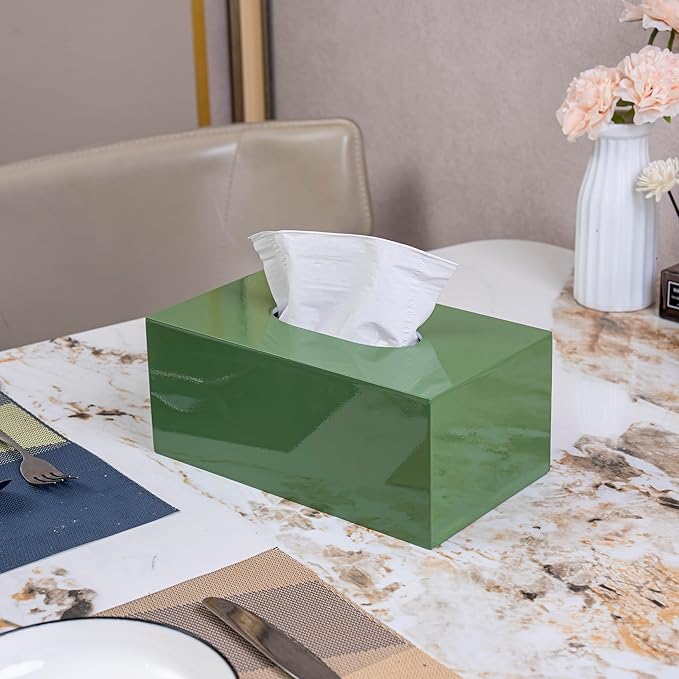 PEMAR Rectangular Lacquer Tissue Box, Handmade Rectangle Tissue Holder Decorative Napkin Dispenser Organizer Rustic Farmhouse Vintage Decor (Green)