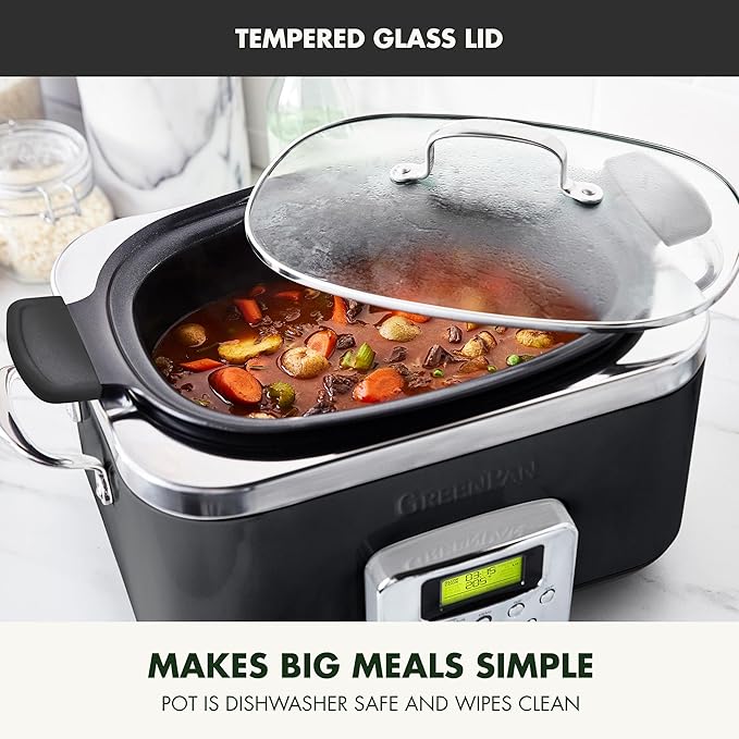 GreenPan Elite 14-in-1 Programmable 6QT Electric Slow Cooker, Dishwasher Safe Lid & Removable Crock, PFAS-Free Healthy Ceramic Nonstick Multi-Cooker, Sear, Sauté, Brown, Steam Basket, Roast, Black
