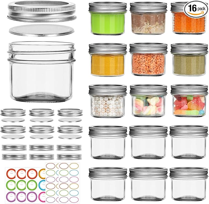 4 oz Small Mason Jars, 16 Pack Mini Canning Jars with 2 Types of Lids, 16 Split-Type and 16 One-Piece Lids for Dessert, DIY