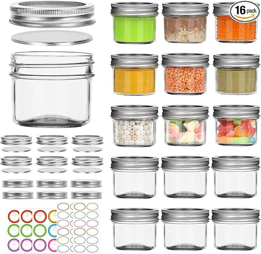 4 oz Small Mason Jars, 16 Pack Mini Canning Jars with 2 Types of Lids, 16 Split-Type and 16 One-Piece Lids for Dessert, DIY