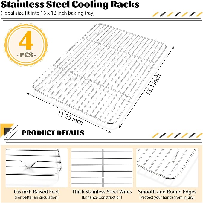 P&P CHEF Baking Cooling Rack Set for Cooking Roasting, 4-Piece Stainless Steel Wire Racks for Oven Use, Healthy & Dishwasher Safe, Rectangle, 15.3 Inch