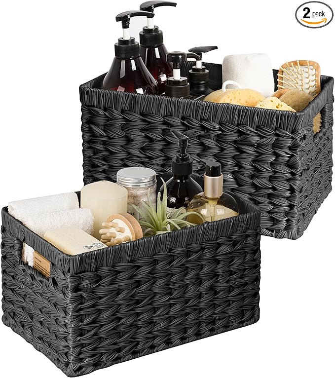 GRANNY SAYS Wicker Basket, Decorative Woven Baskets for Storage, Waterproof Storage Basket Organizer, Wicker Storage Basket for Organizing, 2-Pack, Black