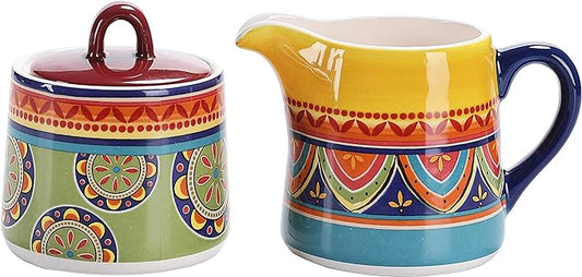 Bico Tunisian Ceramic Sugar and Creamer Set, Sugar Bowl with Lid, Cute Container for Coffee Bar, Kitchen Countertop Accessories, Microwave and Dishwasher Safe