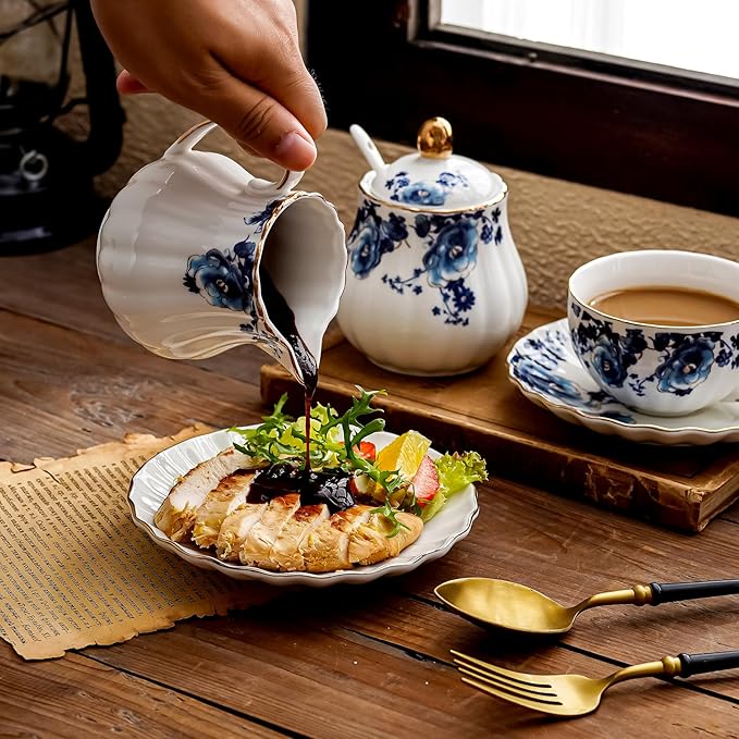 Ceramic Sugar and Creamer Set, 3 Piece with Cream Pitcher, Sugar Bowl with Lid and Spoon,Coffee and Tea Serving Set (White with blue flower)