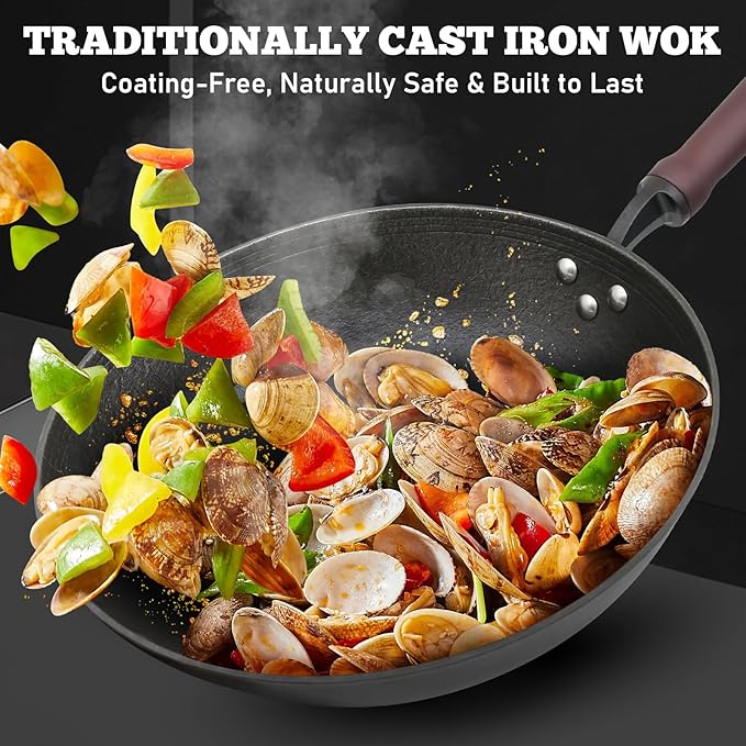 HONGJIANG Cast Iron Wok Pan, 11.8" Pre-Seasoned Flat Bottom Wok,Coating-Free Wok Stir Fry Pan With Glass Lid,Compatible Traditional Chinese Wok For Induction, Electric, Gas,Open Fire