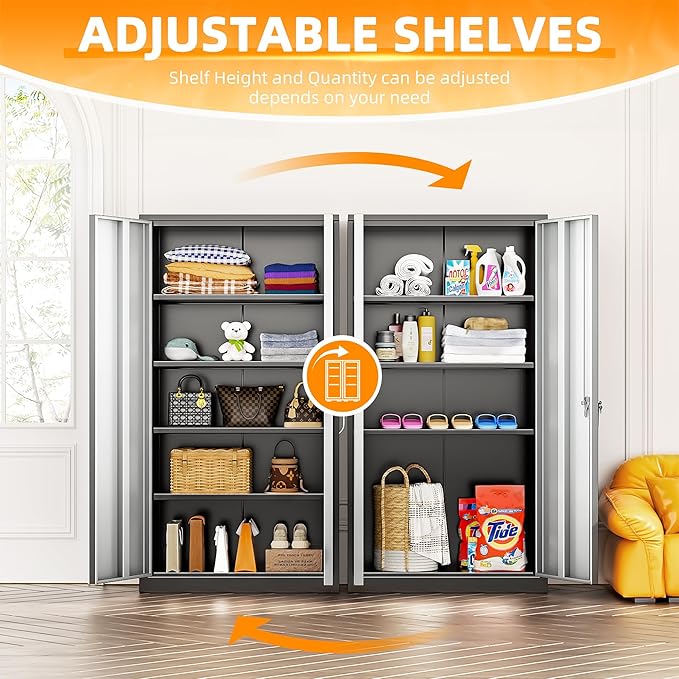 INTERGREAT Metal Storage Cabinets 72” Black Grey Garage Steel Storage Cabinet with Doors and Shelves, Steel File Cabinet for Home Office, Basement, Warehouse, Classroom（Anti Tipping）