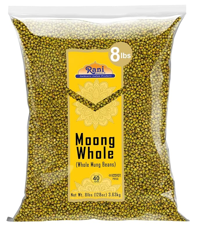 Rani Moong Whole (Ideal for cooking & sprouting, Whole Mung Beans with skin) Lentils Indian 128oz (8lbs) 3.63kg Bulk ~ All Natural | Gluten Friendly | Non-GMO | Kosher | Vegan | Indian Origin