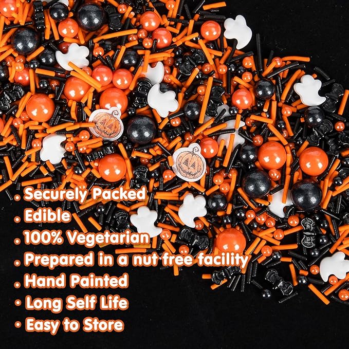Edible Halloween Pumpkin Sprinkles,Orange Pearls Mix White Ghost,130g/4.58oz,Black Bat Monster,Pearls and Jimmies Mixed,Perfect for Cake Decorations, Baking, Ice Cream, Cookies, Cupcake Topper,Halloween Supplies Children's Party