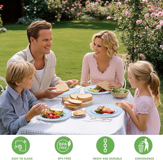 supernal 100PCS Blue Plastic Plates with Gold Beads - Disposable Heavy Duty Elegant Light Blue Plastic Plates Set Include 50 Dinner Plate and 50 Dessert Plate Perfect for Wedding, Birthday & Party