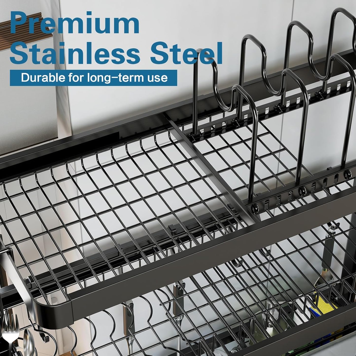 Over The Sink Dish Drying Rack,3 Tier Adjustable Length Full Stainless Steel Large Storage Kitchen Dish Rack,for Kitchen Counter Expandable Multifunctional Organizers,Silver (25.5'' to 37.6'')