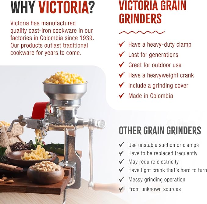 Victoria Manual Cast Iron Grain Mill with Low Hopper, Premium Corn-Grinding Mill and Grain Grinder, Made in Colombia