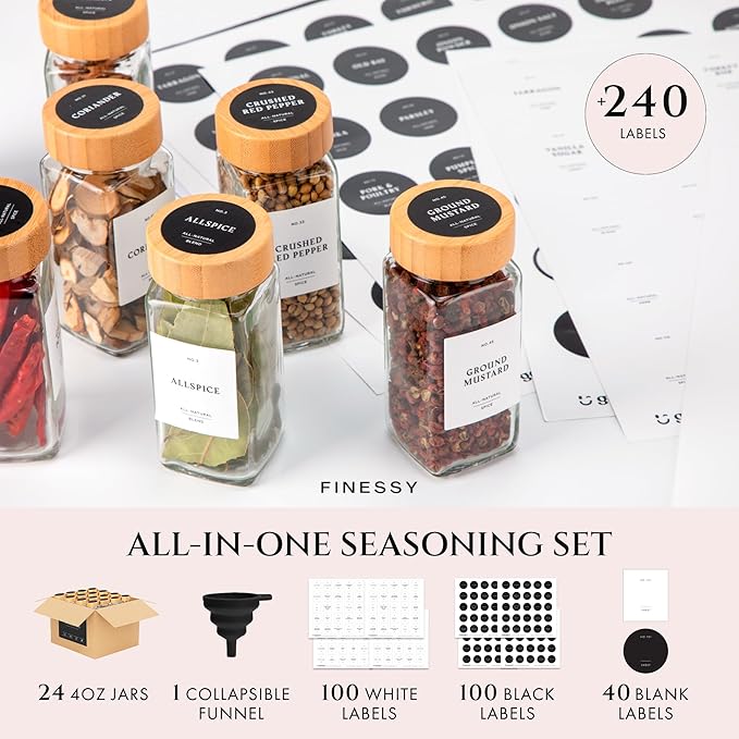 FINESSY Bamboo Glass Spice Jars with Labels and Shaker Lids Clear Empty 4oz 24 Pack Bottles Set, Glass Spice Containers with Labels, Seasoning Organizer Jars