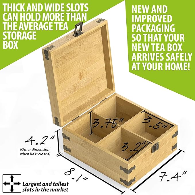 Bamboo Tea Organizer Box Chemical Free Eco-Friendly Big, Tall, Adjustable Cubbies Natural Wooden Storage Chest (4-Slot Square 7.4" x 8.1" x 4.2")