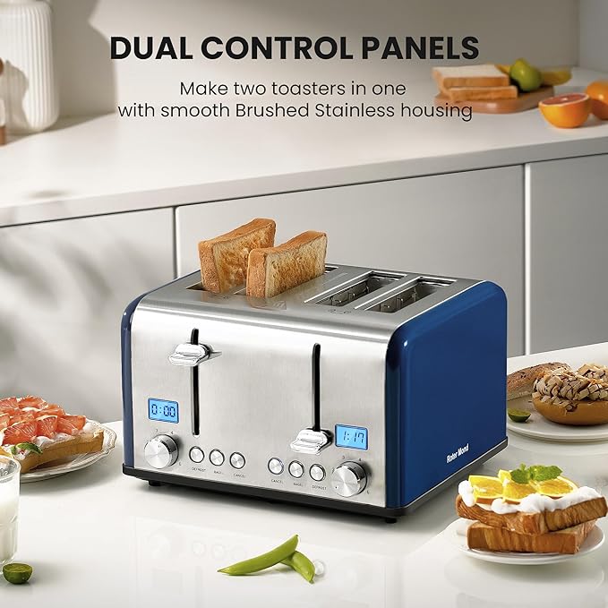 Countdown Stainless Steel 4 Slice Toaster with Bagel, Defrost, Cancel Function, Dual Toaster, Extra Wide Slots, 6 Shade Settings, Removable Crumb Trays, 1650W, Blue