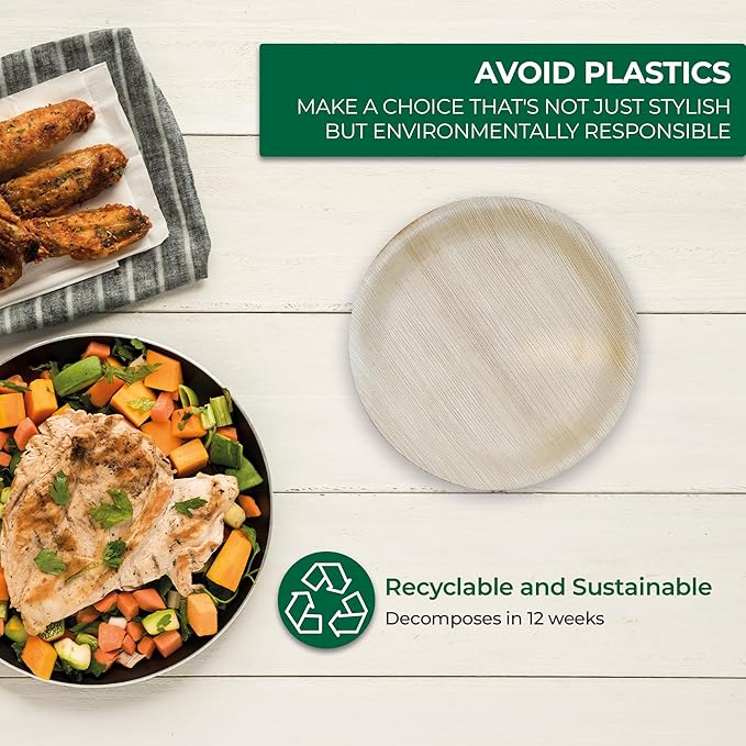 Palm Leaf Disposable Plates - Bamboo Plates Disposable 12 Inch Round (50pc) - 100% Compostable & Biodegradable Plastic-Free Plates - Heavy-Duty, Party Dinnerware Set - Microwave & Oven Safe