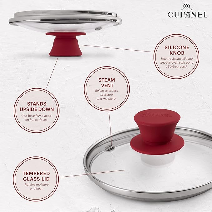 Cuisinel Glass Lid with Steam Vent Hole - 6"-Inch/15.24cm - Compatible with Lodge Cast Iron Skillet Pan - Fully Assembled Universal Replacement Cover - Tempered, Oven Safe - Reinforced Stainless Rim