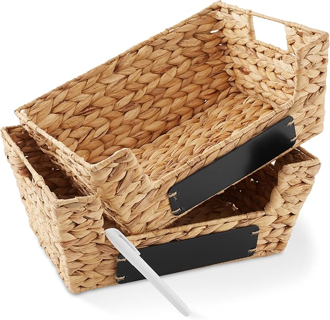 Casafield Set of 2 Water Hyacinth Pantry Baskets with Handles, Chalkboard Labels, and Marker - Natural, Wide Woven Storage Bin Organizers for Kitchen Shelves