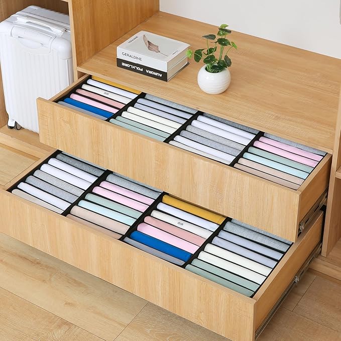 Qozary 4 Pack Drawer Organizers for Clothing, 8 Grids Foldable Closet Organizers and Storage Bins for Bedroom, Dresser Organizer Boxes for Thin T-shirts, Tank Tops (Black, Upgrade Height)