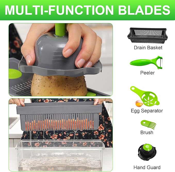 16 in 1 Mandoline Vegetable Food Chopper, Slicers and Vegetable Cutters, Multi Function Kitchen Veg Cutter for Onion Garlic Potato Salad, Veggie Chopper with Container and Draining Basket