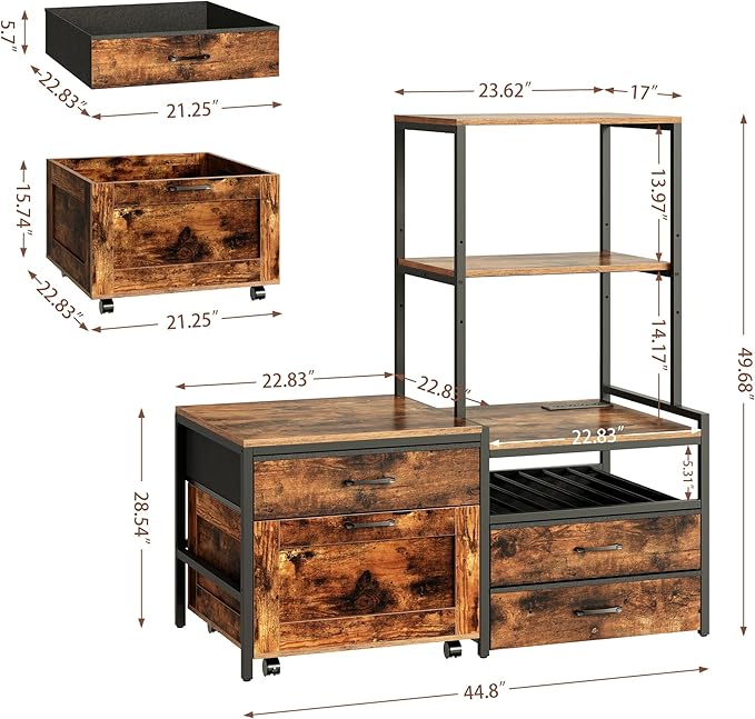 Mini Fridge Stand with Wine Rack, Kitchen Bakers Rack with Power Outlet, Microwave Oven Stand, Coffee Bar, Movable Drawers, for Dorm,Office, Brown HB04BXN