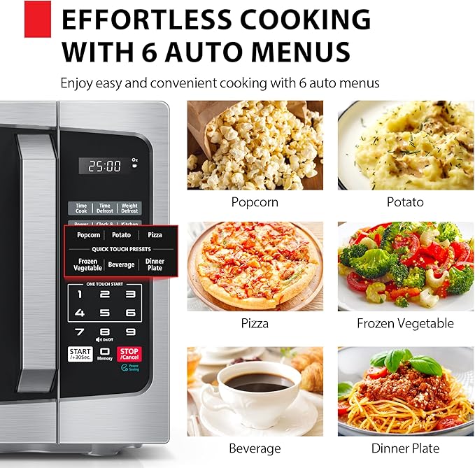 TOSHIBA ML-EM09PA(SS) Small Microwave Oven with 6 Auto Menus, Mute Function & Child Lock, LED Lighting, Perfect for Apartments & Dorms, 0.9 Cu Ft, 10.6 Inch Removable Turntable, 900W, Stainless Steel