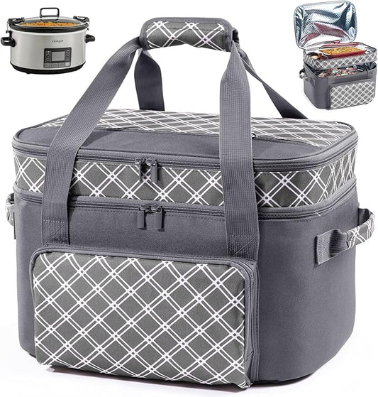 Double Layer Slow Cooker Carrier Bag – Fits 6–8 Qt Oval Slow Cooker Compatible with CrockPot & Hamilton Beach | Insulated Travel Tote with Utensil Storage & Adjustable Straps
