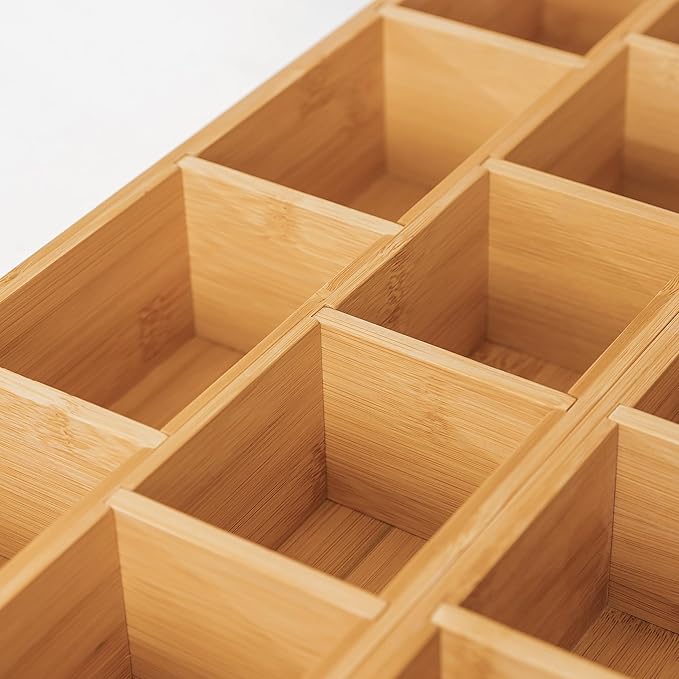 Premium Tea Bags and Coffee Pods Drawer Organizer – Small 9-Compartment Design with Removable Wall Inserts, Non-Slip Feet, 100% Sustainable Bamboo