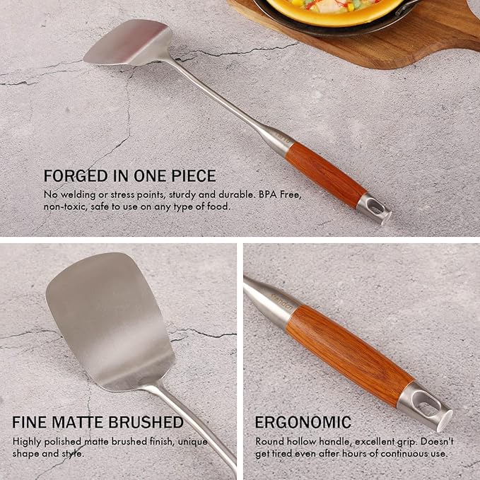 18/10 Stainless Steel Spatulas Set - 15” Long Spatulas for Kitchen, Metal Cooking Utensils - 1 Slotted Spatula + 1 Solid Turner (style B - roosewood handle)