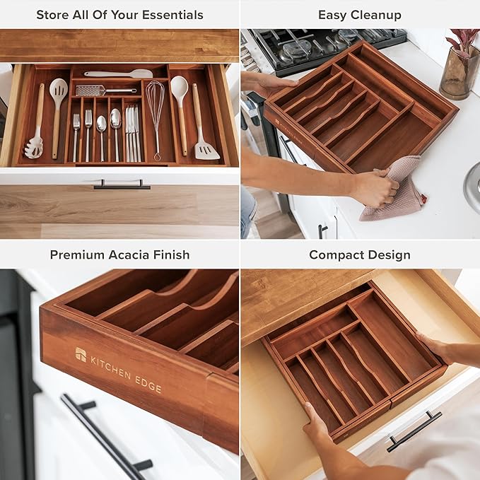 Premium Silverware, Flatware and Utensil Organizer for Kitchen Drawers, Food-Safe Contract Grade, Expandable from 16 to 28 In, Natural Acacia