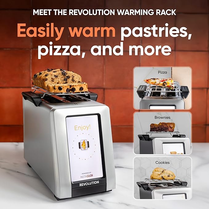 Revolution R180 Connect Plus Smart Toaster Bundle with Toastie Press & Warming Rack – Touchscreen, 2-Slice Wide Slot, InstaGLO 2.0 Tech, Digital Picture Frame– Toast Bread, Bagels, Waffles, Tortillas