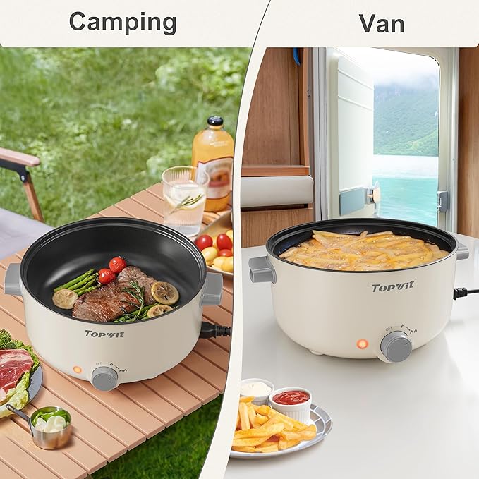 TOPWIT Electric Pot, 3L Hot Pot Electric, Rapid Noodles Cooker, Non-Stick Frying Pan, Multifunctional Electric Hot Pot for Steak, Egg, Ramen, Soup, Shabu Shabu Pot for Camping, RVs, Party, Beige