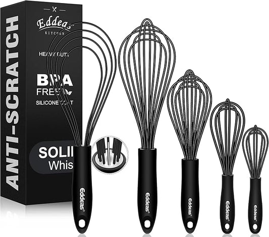 Silicone Whisk,Non Scratch Whisk for Cooking, 5+7+9+11in Balloon Whisks, Suitable for Mixing, Blending Whipping.11in Flat Whisks great for Ceramic Coated pans and Wider shallower pots.