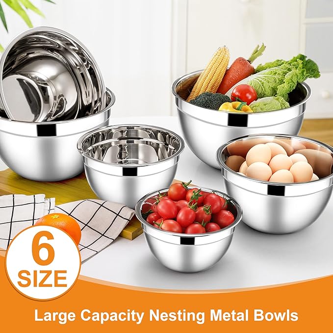 E-far Mixing Bowls with Lids, 12-Piece Stainless Steel Salad Bowls Metal Nesting Bowls for Baking Cooking and Prepping, Airtight Lids & Stackable Design, Size 7, 4.5, 3, 1.5, 1.2, 0.7 QT (Colorful)