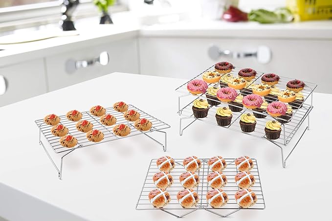 P&P CHEF 4-Tier Cooling Rack Set, Stainless Steel Stackable Baking Cooking Racks for Cooling Roasting Cooking, Raised & Folding Feet, Oven Safe & Easy Clean, 15" x 10", Silver