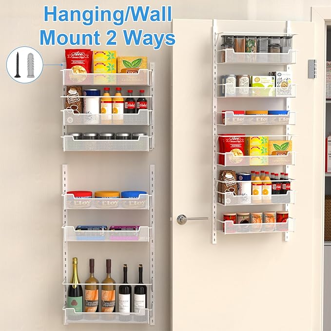 Over the Door Pantry Organizer, 6-Tier Over the Door Organizer with Adjustable Basket, Pantry Door Organization for Pantry Kitchen Storage Room Spice Rack, White