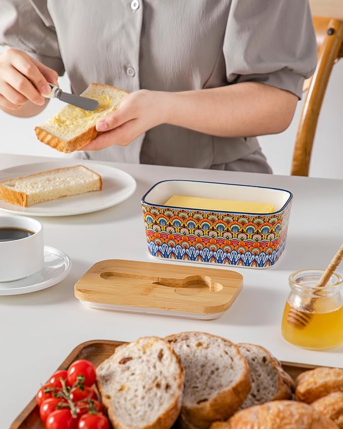 vancasso SIMI Butter Dish with Lid, 6.5" Large Butter Dish for Countertop, Bohemian Ceramic Butter Keeper Container with Knife and Bamboo Lid, Butter Holder for Counter, Regal Bloom