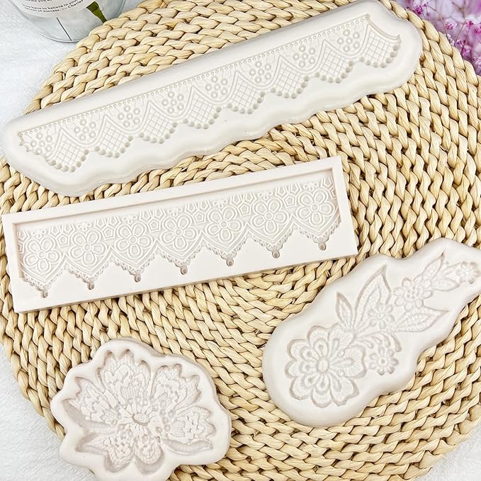Lace Fondant Molds 4 Pcs, Peonies Embroidery Chocolate Cake Border Decorating Molds, Candy Sugar Craft Baking Tools, Cupcake Toppers Flower Paste Cookies Marzipan Mousse Butter Clay Epoxy