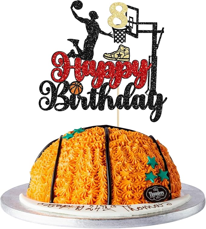 1Pc 8th Birthday Basketball Cake Topper Glitter Basketball Sports Theme Cake Pick for Baby Shower 8th Birthday Cake Decorations Party Supplies Black