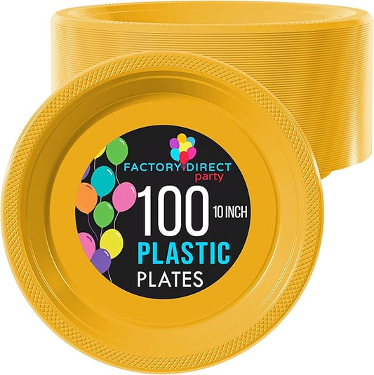 Exquisite Party Solids Yellow Plastic Plates For Party 10" Yellow Disposable Plates Heavy Duty Supplies 100 Pcs Plastic Dinnerware Sets Heavy Duty 350 GSM Disposable Dinnerware Set