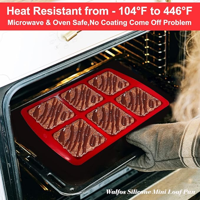 Walfos Mini Silicone Brownie Pan - 2 Piece 6-Cavity Non-stick Square Baking Pan, Perfect for Mini Brownies, Cornbread, Muffin and Cakes, BPA Free and Dishwasher Safe