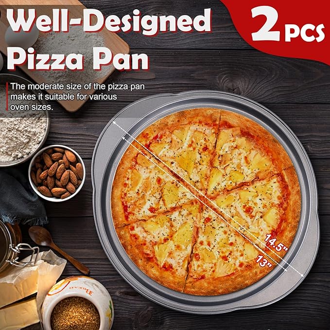 Unokit Pizza Pan for Oven - 13" 2PCS Round Carbon Steel Pizza Pan, Non-Stick Pizza Tray with Perforated Holes and Grip Handles, Dishwasher Safe, Grey