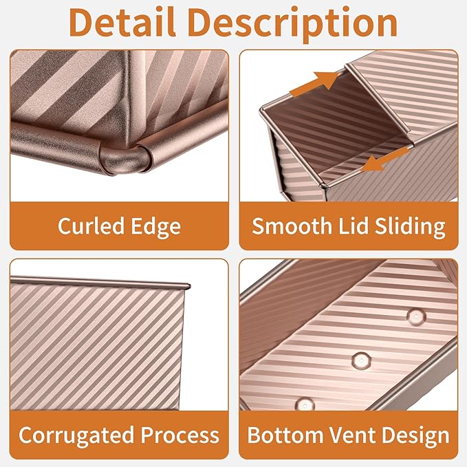 2 Pack Pullman Loaf Pan with Lid - Nonstick Bread Baking Pans for Homemade, Carbon Steel Toast Mold with Cover for Toaster Oven, Gold (1.2 lb & 0.67 lb)