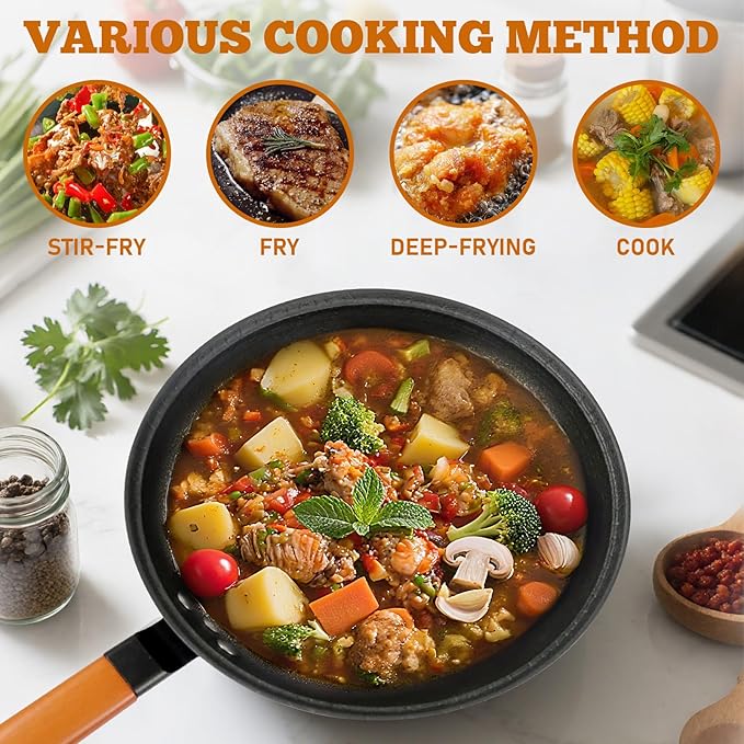 Nonstick Frying Wok Pan Hybrid, 11 Inch Preseasoned Deep Stir Fry Pan Skillet with Glass Lid, Traditional Chinese Cast Iron Wok, No Coated Saucepan for Induction, Electric, Gas, Grill Stoves